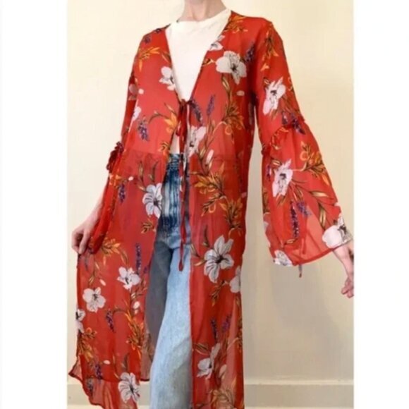 Band of Gypsies Tops - Band of Gypsies Women Size M Red Kimono Cover Up Duster Long Split Belle Sleeves